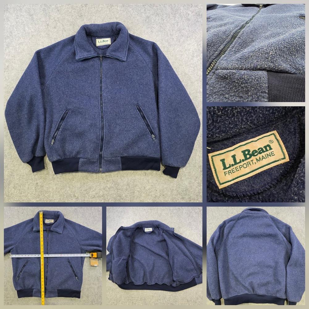 Vintage LL Bean Jacket Mens Large? Blue Fleece Bomber Full Zip Pockets Rib Knit